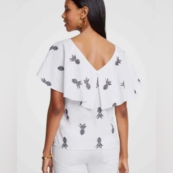 Ann Taylor White Flutter Sleeve Black Embroidered Blouse Linen Blend Size XXL - Picture 6 of 11